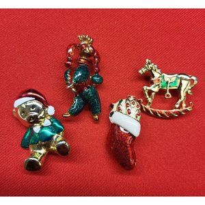 Christmas Pin/ Brooches Set of 4 Christmas Teddy Bear, Red & Green Poodle, Stock